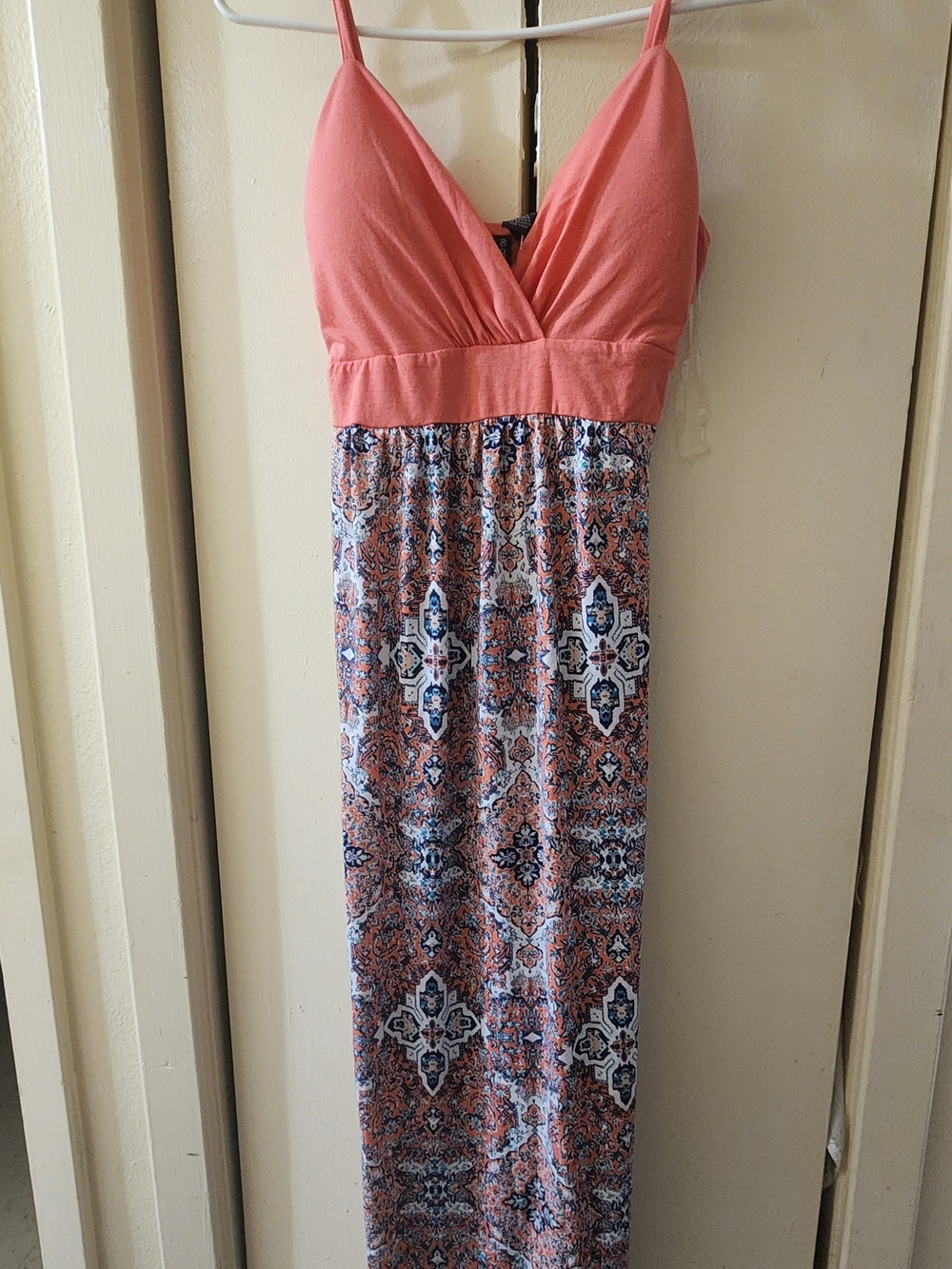 Coral Pink Maxi Dress with Patterned Skirt